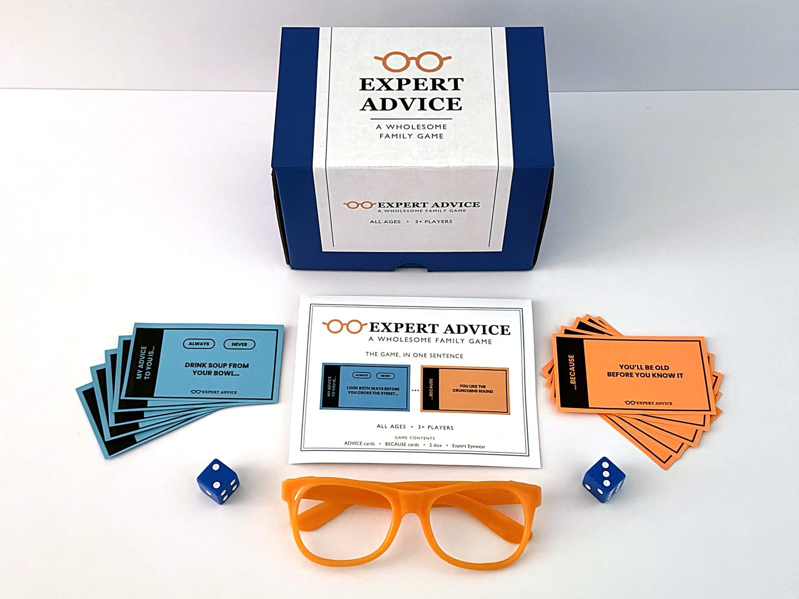 Expert Advice box, cards, dice, and orange Expert Eyewear